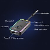 levne Bluetooth pomůcky-přenosný bluetooth vysílač lze spárovat se dvěma zařízeními současně. bluetooth 5.3 má dlouhou výdrž baterie a rgb cool osvětlení