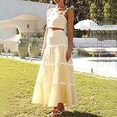 preiswerte Abschlusskleider-Damen Midikleid Weißes Kleid Abschlusskleid Zweiteiliges Kleid Mode Geburtstag Abschlussfeier Date Normale Passform Farbblock Ärmellos Spaghettiträger Hellgelb Weiß Sommer