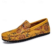 abordables Chaussures sans lacets &amp; mocassins-Mocassins brodés de fleurs pour hommes en daim jaune - des chaussures élégantes à enfiler parfaites pour les sorties décontractées et les événements artistiques