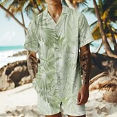 billige Trykkede skjortesett for menn-Herre Trær / blader 2stk Skjorter sett Hawaii skjorte Kortermet Korte bukser cubansk krage Ferie Avslappet Strandferie 3D-utskrift Sommer Grå Hvit Lysegrønn
