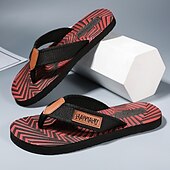 cheap Vacation Sandals-Men&#039;s Fashion Flip-Flops - Red and Black Geometric Pattern with Leather Accents - Casual Beachwear
