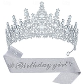 cheap Birthday Party Supplies-Birthday Party Elegant Birthday Girl 2-Piece Set Rhinestone-Embedded Crown and Sash for Ball and Party