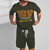 billiga T-shirts med tryck för män-Herr Text / nummer 2st T-shirts uppsättningar Summer Tops Kortärmad Korta byxor Rund hals Semester Ledigt vardag Utomhus Sport Dagligen 3D-utskrift Sommar Mörkgrön Svart askfärgad