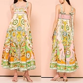 economico Abiti eleganti floreali-Abito midi da donna, abito floreale, abito sottoveste, abito stampato, moda, classico, per uscire all&#039;aperto, fine settimana, vestibilità regolare, fiore, senza maniche, spalline sottili, verde, estivo