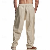 baratos Clássico-Homens Calças de linho Calças Calça verão Calças de praia Patchwork Com Cordão Perna reta Tecido Conforto Respirável Comprimento total Casual Diário Feriado Moda Estilo Clássico Preto Branco