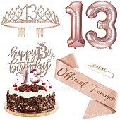 economico Forniture per eventi e feste-set deluxe da 6 pezzi per festa di compleanno in oro rosa - numeri di palloncini (10-80), tiara, fascia, candeline per torta, cake topper - per bambine &amp; donne