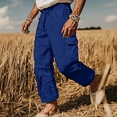 levne Retro-Pánské Kargo kalhoty Plátěné kalhoty Kalhoty Letní kalhoty Plážové kalhoty Šňůrky Elastický pas Multi kapsa Bez vzoru Pohodlné Prodyšné Plná délka Venkovní Ležérní Dovolená Módní Retro Černá Bílá