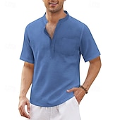 preiswerte Herren Popover Hemden-Herren Hemd Sommerhemd Freizeithemd Strandhemd Knopfhemd Schwarz Weiß Blau Dunkel Blau Armeegrün Kurzarm Einfach Stehkragen Urlaub Hawaiianisch Tasche Bekleidung Polyester Mode Lässig Bequem