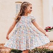 abordables Robes Décontracté-Enfants Fille Robe Fleuri Manche Courte Extérieur Occasionnel Mode Adorable 100% Coton Mi-long Robe Décontractée Robe trapèze Été 4 ans et + Rose Claire Rouge Bleu