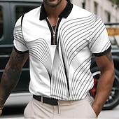 cheap Men&#039;s Geometric Polo-Men&#039;s Geometic Line Zip Polo Shirts Short Sleeve Polo Shirts Collared Shirts Business Casual Business Athleisure Wear to work Daily Wear 3D Print Summer Black White
