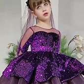 baratos Vestidos de Festa-Infantil Para Meninas Vestido Vestido de festa Côr Sólida Manga Longa Espetáculo Paetês Com Transparência Princesa Doce Com Transparência Acima do Joelho Vestido da bainha Vestido De Tule Verão