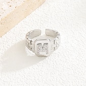 cheap Gifts-Personalized Letter Ring, Gift for Mom, Copper with Zircon Alphabet Ring, Vintage-Style Chain Design, Adjustable Open Band, Minimalist Aesthetic Jewelry for Women