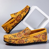 abordables Chaussures sans lacets &amp; mocassins-Mocassins brodés de fleurs pour hommes en daim jaune - des chaussures élégantes à enfiler parfaites pour les sorties décontractées et les événements artistiques