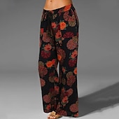 abordables Pantalon en coton et lin-Femmes Jambe large Pantalon en coton et lin Pantalons Occasionnel Longueur complète Naturel Fleuri Impression Confortable Extérieur Tenue quotidienne Sortir Magenta Vin Noir Vert Été Coupe régulière