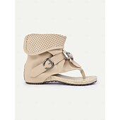 cheap Vacation Sandals-Women&#039;s Boho Gladiator Sandals – Beige Open-Toe Buckle Strap Wedge Sandals with Perforated Cuff for Summer, Casual Outings, and Festivals