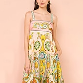 economico Abiti eleganti floreali-Abito midi da donna, abito floreale, abito sottoveste, abito stampato, moda, classico, per uscire all&#039;aperto, fine settimana, vestibilità regolare, fiore, senza maniche, spalline sottili, verde, estivo