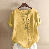 abordables Chemises-Femmes Chemisier Chemises en coton et lin Uni Moderne Occasionnel Manche Courte Col ras du cou Hauts Réguliers Fête Sortir Boutons Blanche Jaune Vert Véronèse Vert Été