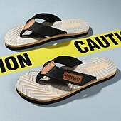 cheap Vacation Sandals-Men&#039;s Fashion Flip-Flops - Red and Black Geometric Pattern with Leather Accents - Casual Beachwear