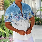 preiswerte Blumenmuster-Herren Blumendruck Blumen Hemd Sommer Hawaiihemd Knopfhemd Kurzarm Hawaiianisch Urlaub Ferien Strandbekleidung Sommer Umlegekragen 3D-Druck Eine Tasche vorne Leinenähnliches Hemd Rosa Blau Grün