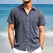 preiswerte Urlaub-Herren leinenhemd Sommerhemd Strandhemd Kurzarm Modisch lässig Urlaub Ferien Strandbekleidung Sommer Frühling Kragen Hemden mit Kragen Eine Tasche vorne Dunkelmarine Blau Grün Grau