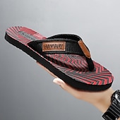 cheap Vacation Sandals-Men&#039;s Fashion Flip-Flops - Red and Black Geometric Pattern with Leather Accents - Casual Beachwear