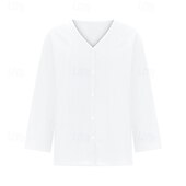 preiswerte Hemden-Damen Bluse Baumwoll-Leinen-Hemden Einfach Basic Modern Dreiviertelarm V Ausschnitt Normale Oberteile Täglich Ferien Ausgehen Knöpfe Schwarz Weiß Rosa Braun Aprikose Sommer