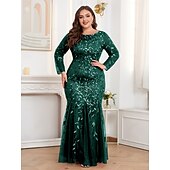 cheap Plus Size Dresses-Mermaid / Trumpet Evening Gown Sparkle Dress Formal Floor Length Long Sleeve Crew Neck Champagne Mother Of the Bride Dress Tulle with Embroidery 2025
