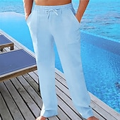 cheap Holiday-Men&#039;s Linen Pants Trousers Summer Pants Beach Pants Pocket Drawstring Elastic Waist Plain Comfort Breathable Vacation Daily Holiday Hawaiian Boho ArmyGreen Black