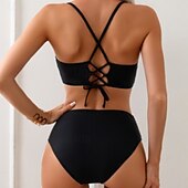 billiga Bikiniset-Dam Badkläder Bikini Tre delar Baddräkt Öppen rygg Hög midja Tropisk Standkläder Geometrisk U-hals Ärmlös Baddräkter