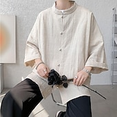 economico Casual da lavoro-Per uomo Camicia Camicia di lino Camicia casual Camicia con Bottoni Camicia di cotone Semplice Vacanza Camicia hawaiana Nero Bianco Blu marino Cachi Mezza Manica Colletto alla coreana Estate