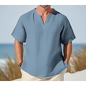 cheap Cotton Linen T-shirts-Men&#039;s Tee Top Linen T-Shirt Short Sleeves V Neck Summer Plain Fashion Designer Basic Soft Vacation Street Casual Daily Light Blue White Pink Top Tee for Men