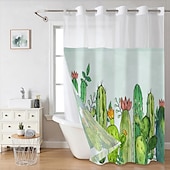 baratos Cortinas de Banho-Cortina de Chuveiro Texturizada em Malha de Waffle com Folhas com Forro Removível e Janela Transparente Repelente à Água em Poliéster Topo com Ilhós 120GSM Qualidade de Hotel Estilo Spa Divisão de