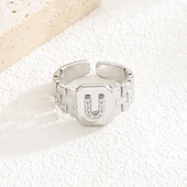 cheap Gifts-Personalized Letter Ring, Gift for Mom, Copper with Zircon Alphabet Ring, Vintage-Style Chain Design, Adjustable Open Band, Minimalist Aesthetic Jewelry for Women