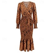 preiswerte abendkleider-Damen Midikleid Cocktailkleid Etui-Kleid Mode Urlaub Ferien Teegesellschaft Normale Passform Leopard Langarm V Ausschnitt Schwarz Khaki Aprikose Sommer