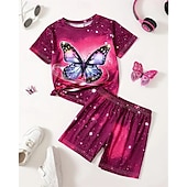 abordables Visión 3D de la Chica &amp; Brillo-Chica 3D Mariposa Camiseta y Bermudas Conjunto Manga Corta Verano Primavera Deportes Moda Diario Niños 4-12 años Cuello Barco Exterior Vacaciones Deportes A Medida