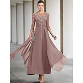 billiga Golvlängd-A-linjeformad klänning för brudens mor bröllopsgäst elegant plus size juvelhals ankellängd chiffong spets 3/4 längd ärm med ruched paljetter applikationer gratis anpassad storlek