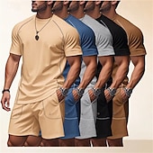 abordables survêtement et sweat à capuche pour hommes-Homme Ensemble Survetement T-shirt et short Ensemble de tenues Col ras du cou Extérieur Quotidien Sports Avec Poches Cordon de serrage Uni Noir Marron Gris Claire Polyester Tenues de Sport Streetwear