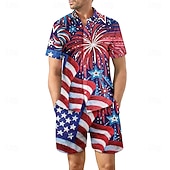 preiswerte Bedruckte Hemden-Sets für Herren-Amerikanischer Unabhängigkeitstag Herren Amerikanische US-Flagge 2St Hemden-Sets Hemd Set Kurzarm Kurze Hosen Umlegekragen Lässig Outdoor Lässig Täglich 3D-Druck Sommer Rote