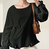 cheap Shirts-Women&#039;s Blouse Cotton Linen Shirts Plain Basic Modern Long Sleeve Square Neck Regular Tops Daily Holiday Going out Ruffle Black White Pink Army Green Navy Blue Summer