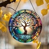 cheap Wall Sculptures-Acrylic Tree of Life Wall Hanging Decor, 5.9 x 5.9 Inch Round 2D Colorful Print Ornament, Creative and Unique Wall Art for Home, Window, Door, Party, and Festive Decoration