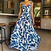 preiswerte Elegante Blumenkleider-Damen kleid lang abendkleider Cocktailkleid Elegant Modisch Party Tee-Party Wochenende Regular Fit Blume Ärmellos Spaghetti-Träger Blau Sommer