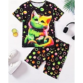 Girls' 3D Cat T-shirt & Shorts Set Short Sleeve Summer Spring Sports Fashion Daily Kids 4-12 Years Crew Neck Outdoor Vacation Sports Tailored Fit3