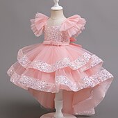cheap Party Dresses-Kids Girls&#039; Party Dress Sequin Sleeveless Wedding Special Occasion Sequins Ruched Zipper Adorable Sweet Polyester Asymmetrical Party Dress Tulle Dress Summer Spring Fall 4-12 Years Pink Purple Green