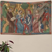 זול שטיח קיר מימי הביניים-טפט ימי הביניים טפט מימי הביניים אמנות גותית טפט גדול קיר דקור צילום רקע וילון לבית חדר שינה סלון קישוט שליט יושב עם שתי נשים וחסיד