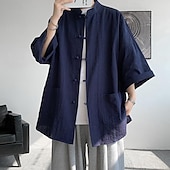 economico Casual da lavoro-Per uomo Camicia Camicia di lino Camicia casual Camicia con Bottoni Camicia di cotone Semplice Vacanza Camicia hawaiana Nero Bianco Blu marino Cachi Mezza Manica Colletto alla coreana Estate