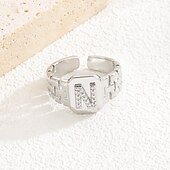 cheap Gifts-Personalized Letter Ring, Gift for Mom, Copper with Zircon Alphabet Ring, Vintage-Style Chain Design, Adjustable Open Band, Minimalist Aesthetic Jewelry for Women