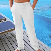 cheap Holiday-Men&#039;s Linen Pants Trousers Summer Pants Beach Pants Pocket Drawstring Elastic Waist Plain Comfort Breathable Vacation Daily Holiday Hawaiian Boho ArmyGreen Black