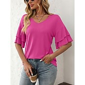 cheap Plain tee-Women&#039;s T Shirt Plain Fashion Modern Short Sleeve V Neck Regular Tops Daily Ruffle Black White Wine Sky Blue Fuchsia Summer