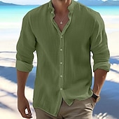 cheap Vacation-Men&#039;s Shirt Summer Shirt Beach Wear Button Up Shirt Black White Pink Red Long Sleeve Plain Band Collar Spring &amp; Summer Casual Daily Clothing Apparel 100% Cotton