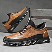 billiga Herrsneakers-robusta utomhusskor för män i brun och svart, slitstark konstläderkonstruktion med sicksacksula för bättre grepp